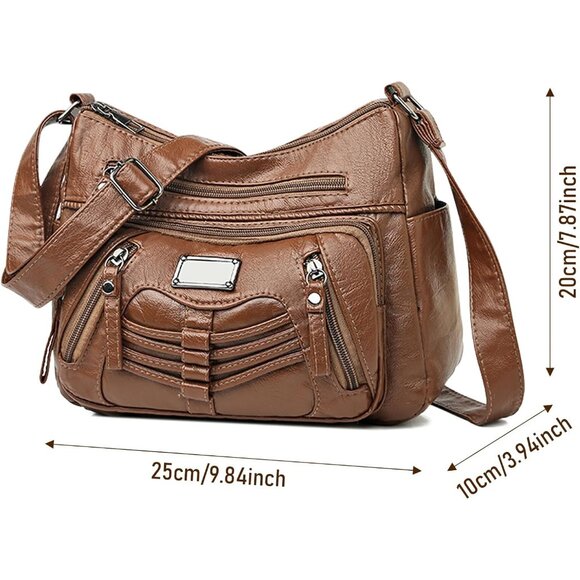 Women's Bronze Soft Pu Leather Multi-pocket Shoulder Bag Medium Cross-body Purse - Picture 3 of 8